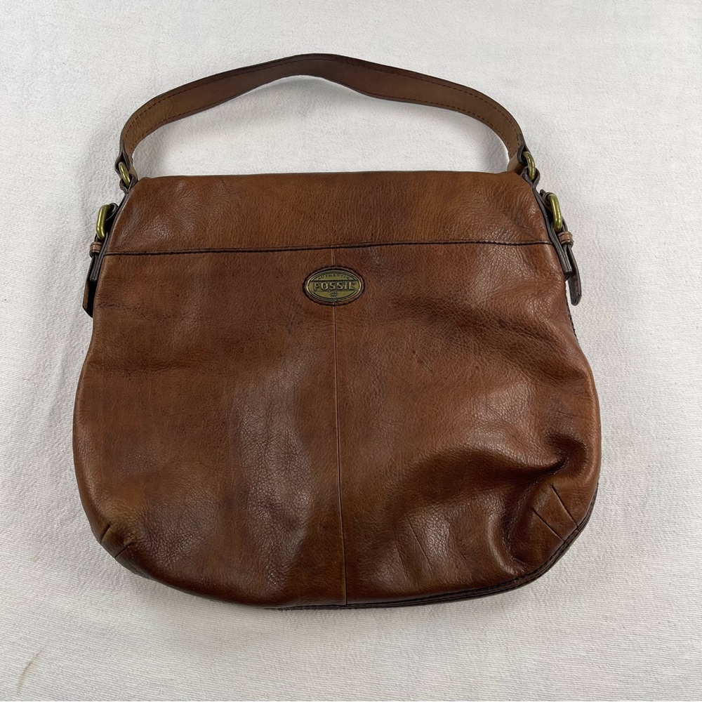 Fossil cowhide leather Cognac Brown Leather fold over Shoulder Bag 12x14”